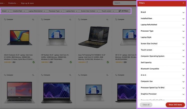 Categories and filters on Staples's website