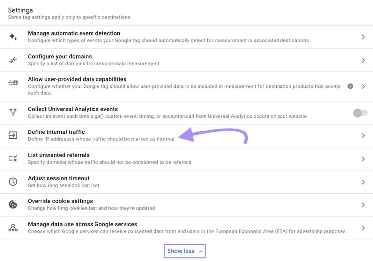 “Define internal traffic" selected under Settings window