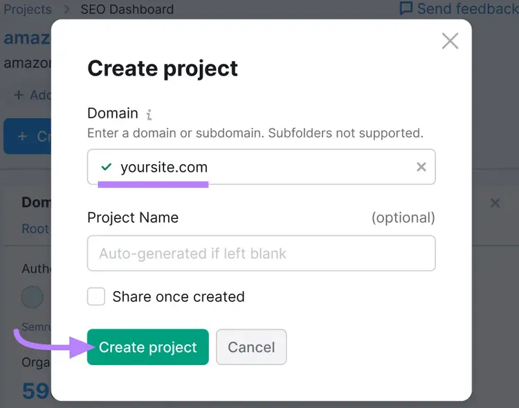 “Create project” pop up window.