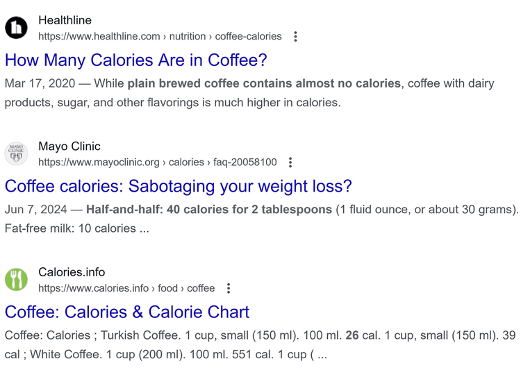 Google search results on coffee calories from Healthline, Mayo Clinic, and Calories.info
