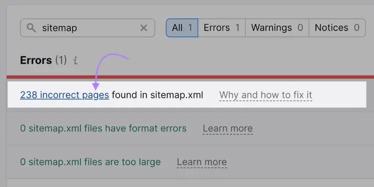"238 incorrect pages found in sitemap.xml" on Site Audit Issues clicked
