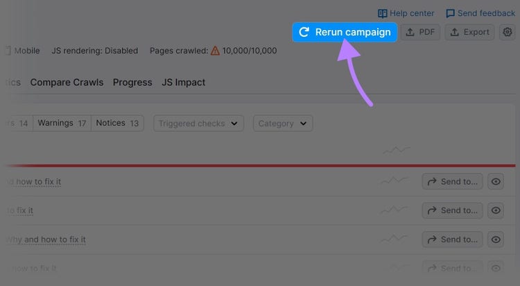 “Re-run campaign” button highlighted in the top right corner of the dashboard