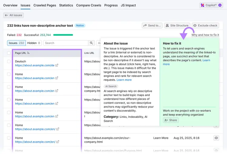 Site Audit issue details panel explaining non-descriptive anchor text with a highlighted “How to fix it” tip.