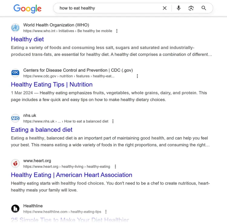 Google search results page for “how to eat healthy,” showing results from WHO, CDC, NHS, Heart Association, and Healthline