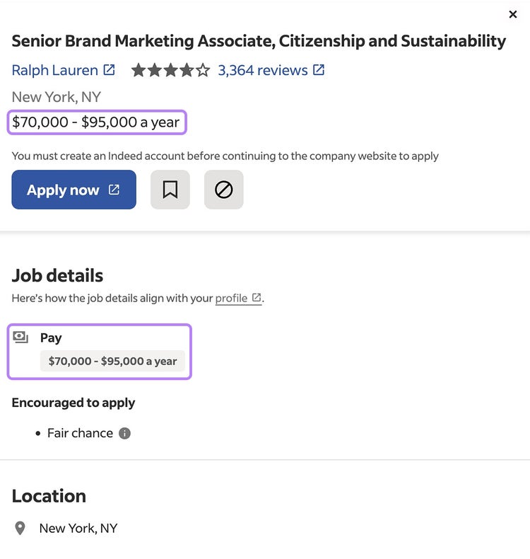 A salary information listed under a position for a "Senior Brand Marketing Associate" job
