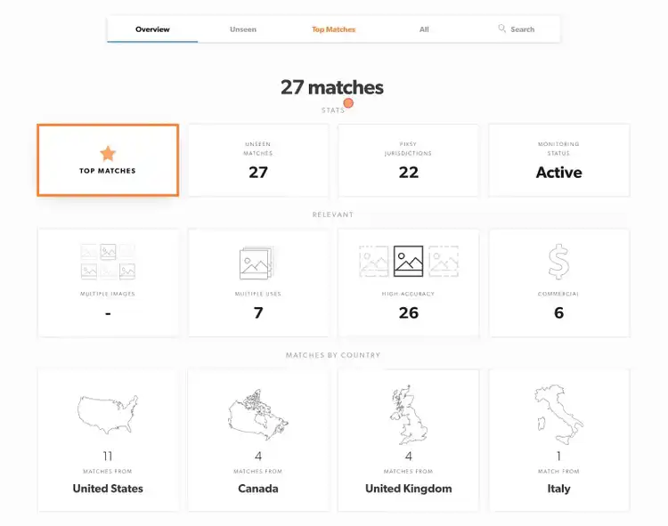 Pixsy interface showing a list of image matches along with other details like accuracy, usage type, countries where the image is used, etc.