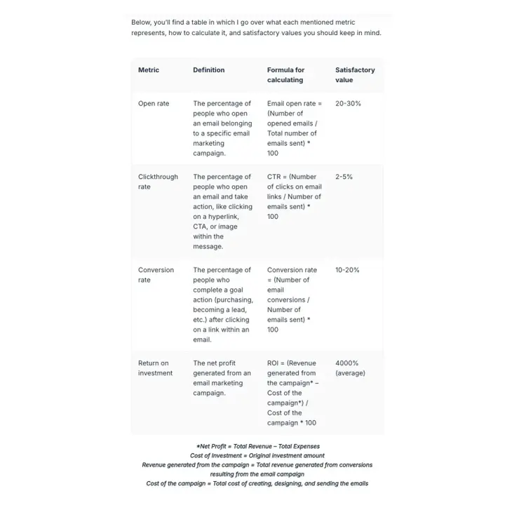 Showing email marketing metrics along with a definition, formula, and benchmark in a tabular form.