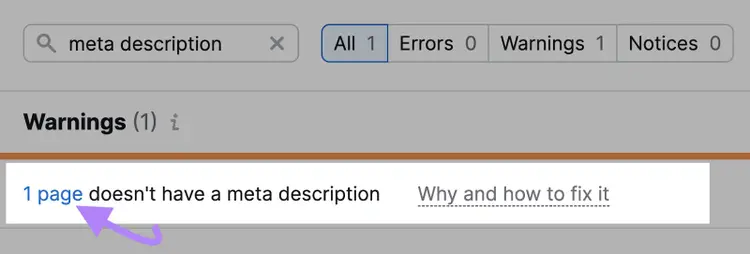 Semrush Site Audit showing warning: 1 page doesn't have meta description