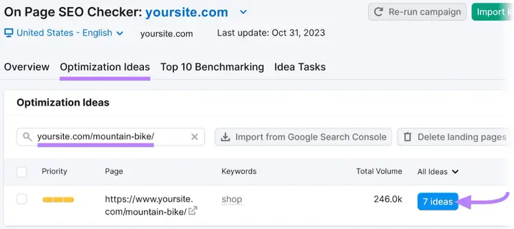 “Optimization Ideas” tab in On Page SEO Checker tool