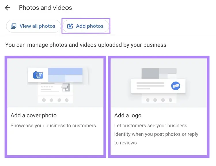 The "Photos and videos" window on GBP where a business can upload additional business photos, a cover photo, and a logo.
