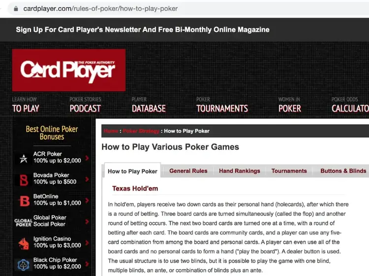 CardPlayer's page with URL that reads "cardplayer.com/rules-of-poker/how-to-play-poker"