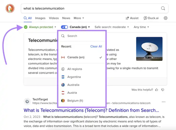 Search has label "Always protected," and the search location drop down is highlighted.