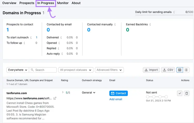 “In Progress” tab in Link Building tool