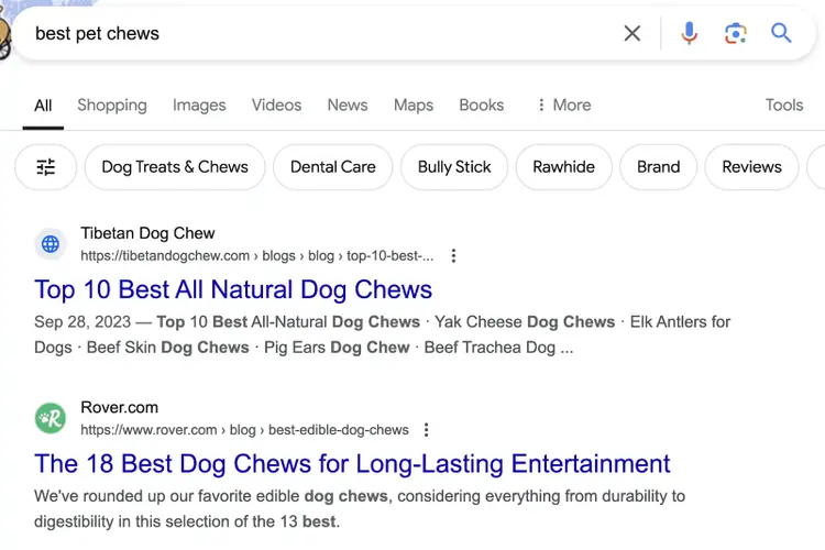 SERP for "best pet chews" with "Tibetan Dog Chew" and "Rover" ranking at the top