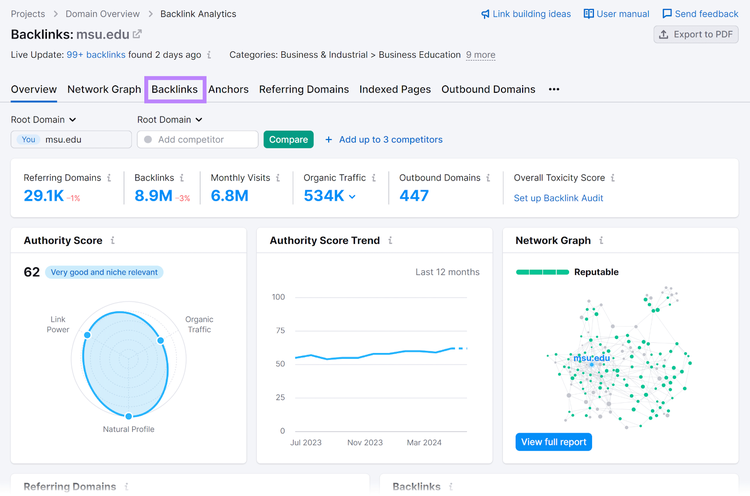 Backlinks Analytics Overview report with Backlinks tab highlighted.