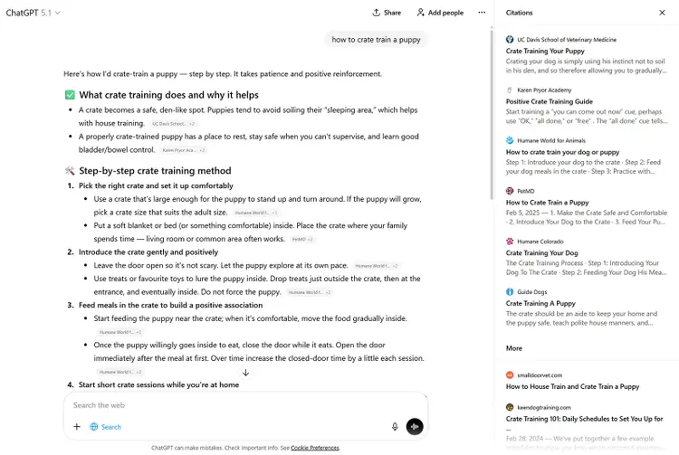 ChatGPT providing a step-by-step crate training guide reply with citations listed in a sidebar.