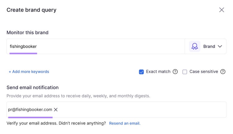 Brand name and an email highlighted for alerts entered on Brand Monitoring tool settings.