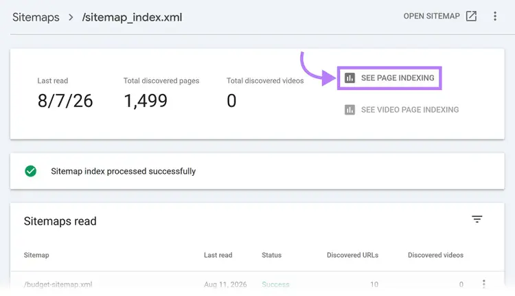 Google Search Console sitemap report showing 1,499 discovered pages with the See Page Indexing button highlighted