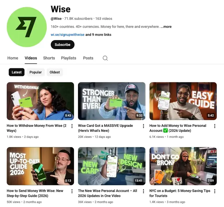 Wise YouTube channel features tutorials and product guides that expand its visibility across video search results