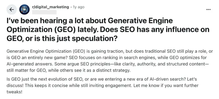 A Reddit post on the r/digital marketing asking about the influence of SEO on GEO.