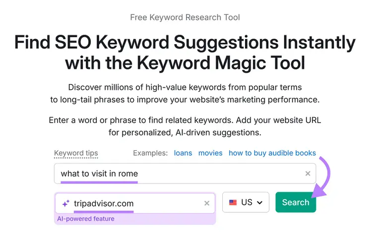Keyword Magic Tool search bar with a query and URL entered, and an arrow pointing to the Search button.