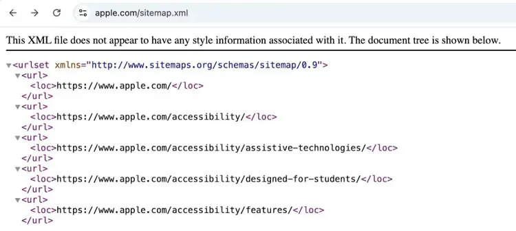 Sitemap Index of "apple.com" listing multiple sitemap files.