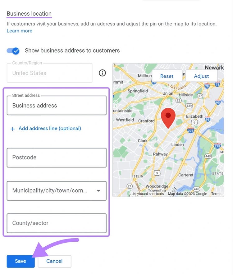 "Business location" page on Google with "Save" button highlighted