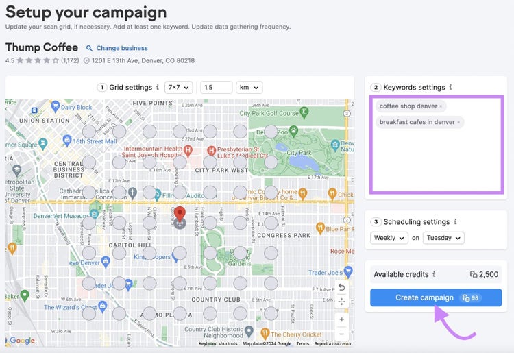 Campaign setup screen in Rank Tracker.