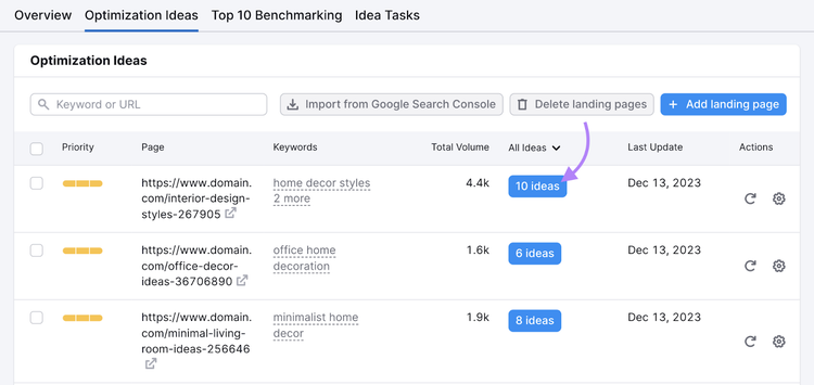 number of ideas button highlighted