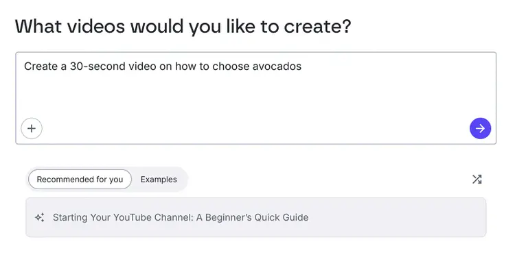 Lumen5 interface showing a text box with a prompt to create a 30-second video about choosing avocados.