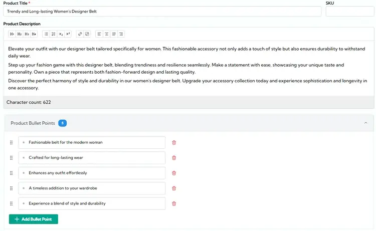 AI copy prompt shows product title, description, and features list.