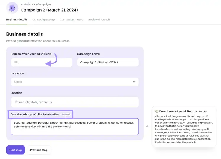 Ads Launch Assistant campaign form showing business details fields like URL, name, location