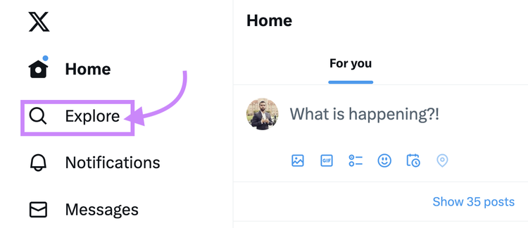 “Explore” tab on the left sidebar of Twitter