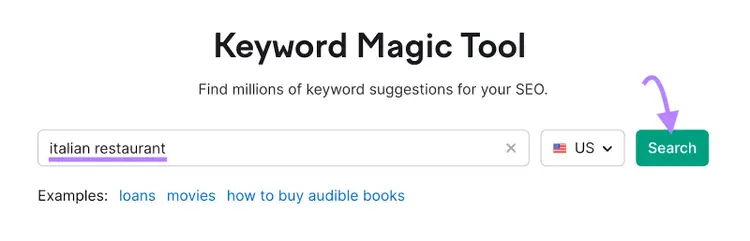 "italian restaurant" entered into Keyword Magic Tool search bar