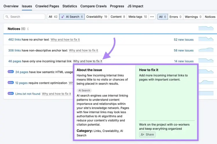 AI Search Issues on Site Audit with “Why and how to fix it” next to an issue clicked.