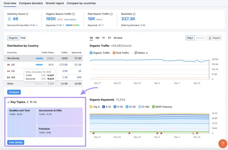 Semrush Domain Overview showing 195K organic traffic