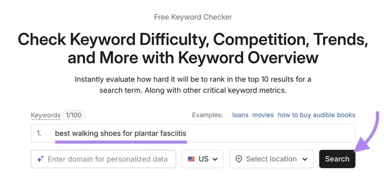 Keyword Overview tool start with “best walking shoes for plantar fasciitis” entered and "Search" clicked.