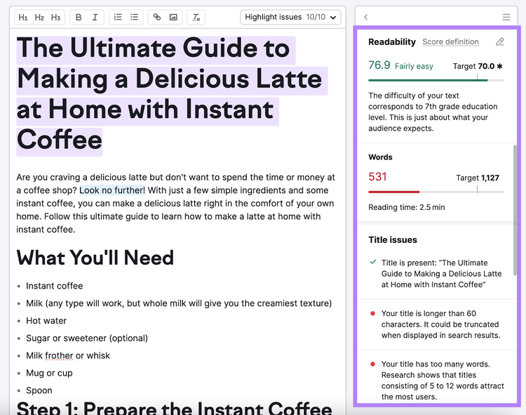 An article outline and content score section in the SEO Writing Assistant