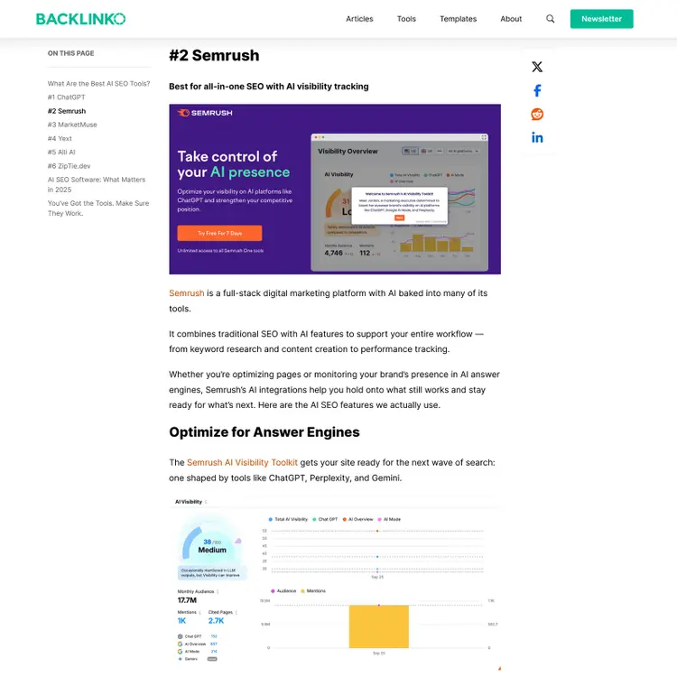 Backlinko page showing a Semrush AI visibility graphic and feature overview.