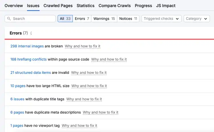 Site issues include broken links, invalid structured data items, hreflang conflicts, and more.