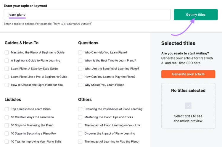 Screenshot: AI Title Generator with 'learn piano' topic showing guides, questions, and suggested titles