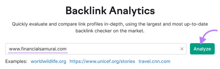 Backlinks tool with "www.financialsamurai.com" in the text field and the "Analyze" button highlighted
