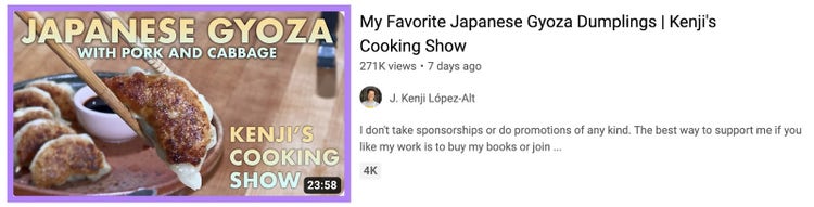 Kenji López-Alt's YouTube video thumbnail, showing an image of Japanese gyoza with pork and cabbage