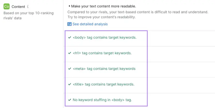 Content optimization section showing checks for target keywords in body, H1, meta, and title tags.