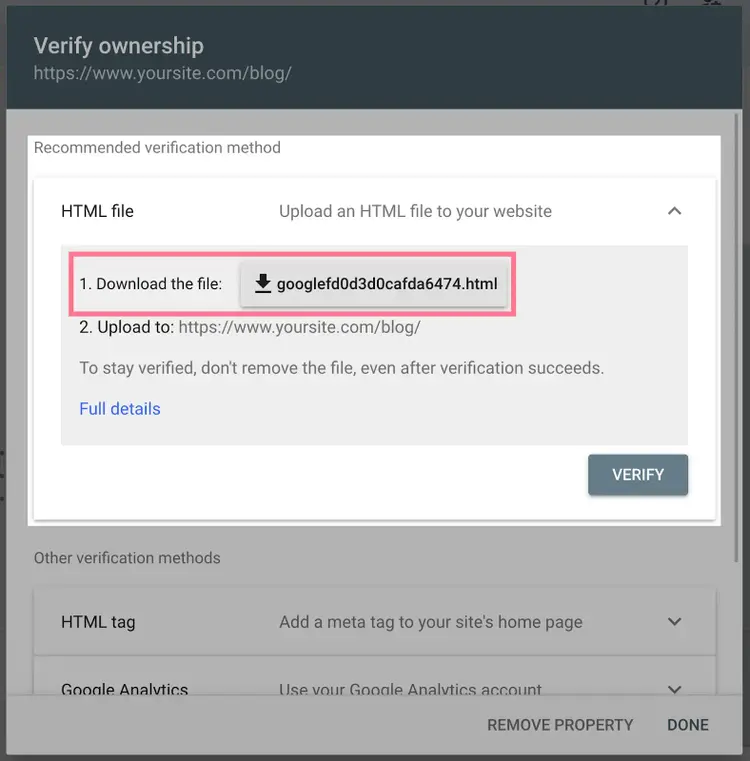 Google Search Console URL prefix verification screen highlighting the HTML verification file download