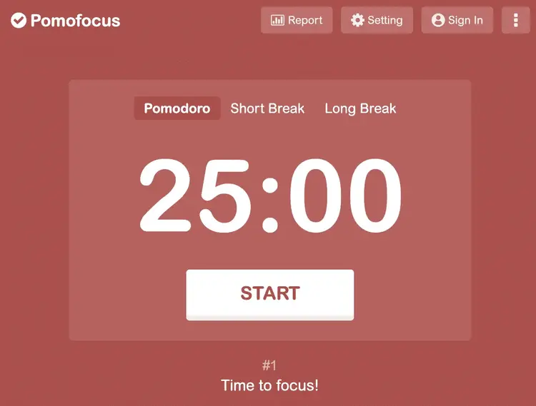 Pomofocus Pomodoro Timer interface displaying 25:00 countdown