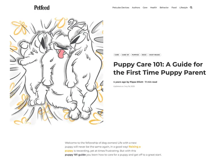 Petfeed pillar article titled “Puppy Care 101: A Guide for the First Time Puppy Parent”