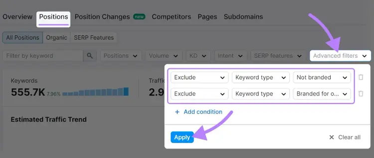 Advanced filters in Organic Rankings tool