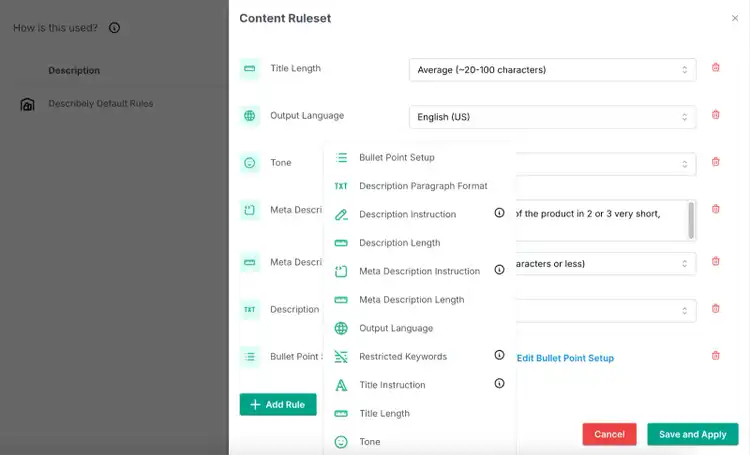 Ruleset for copy includes title length, tone, format, language, and more.