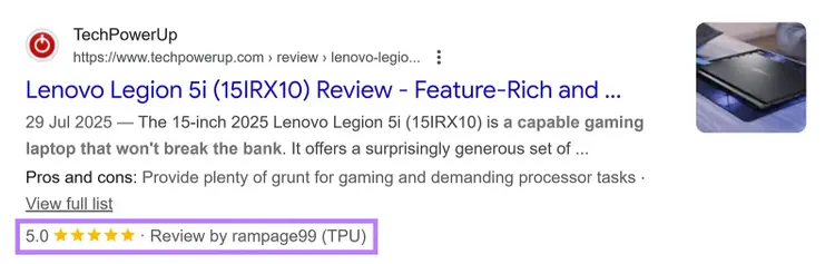 Google search result for Lenovo Legion laptop with 5-star review rich snippet highlighted.